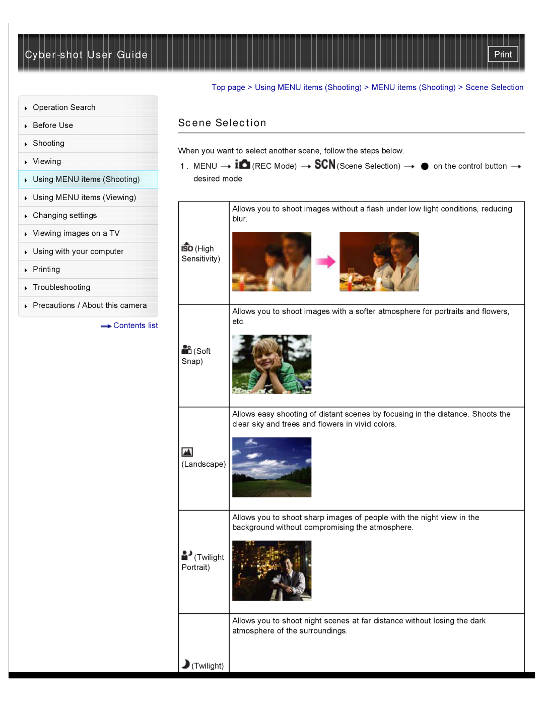 Sony DSC-W510 manual Cyber-shot User Guide, Scene Selection, Print, Contents list 