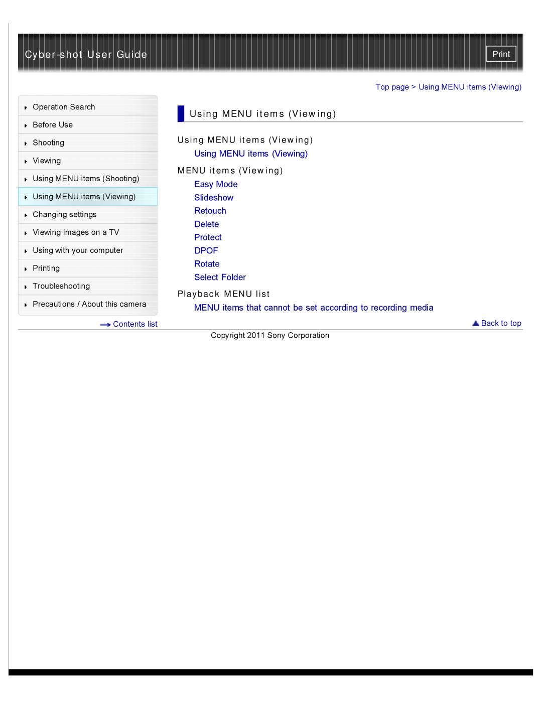 Sony DSC-W510 manual Using MENU items Viewing, Playback MENU list, Cyber-shot User Guide, Print 