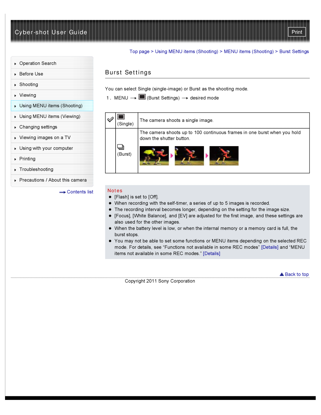 Sony DSC-W510 manual Burst Settings, Cyber-shot User Guide, Print, Back to top 
