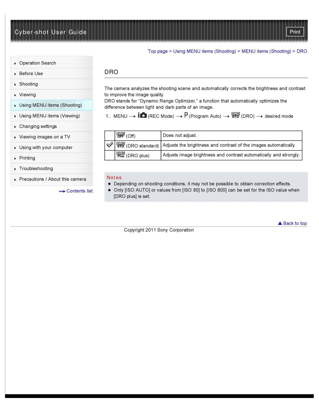 Sony DSC-W510 manual Cyber-shot User Guide, Print, Top page Using MENU items Shooting MENU items Shooting DRO, Back to top 