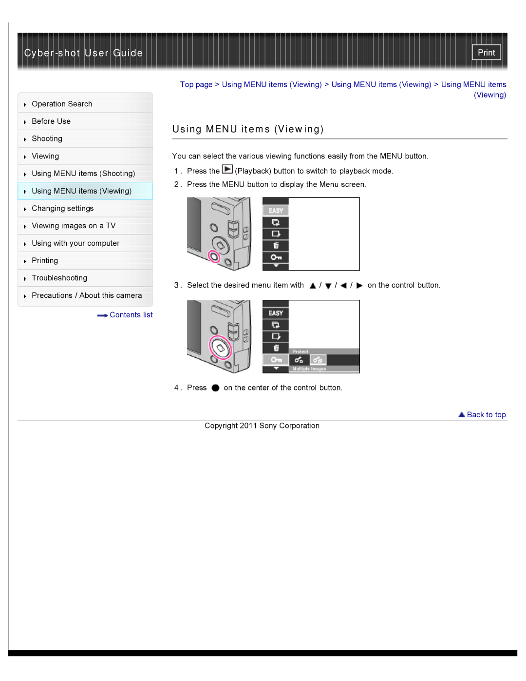 Sony DSC-W510 manual Using MENU items Viewing, Cyber-shot User Guide, Print, Contents list, Back to top 