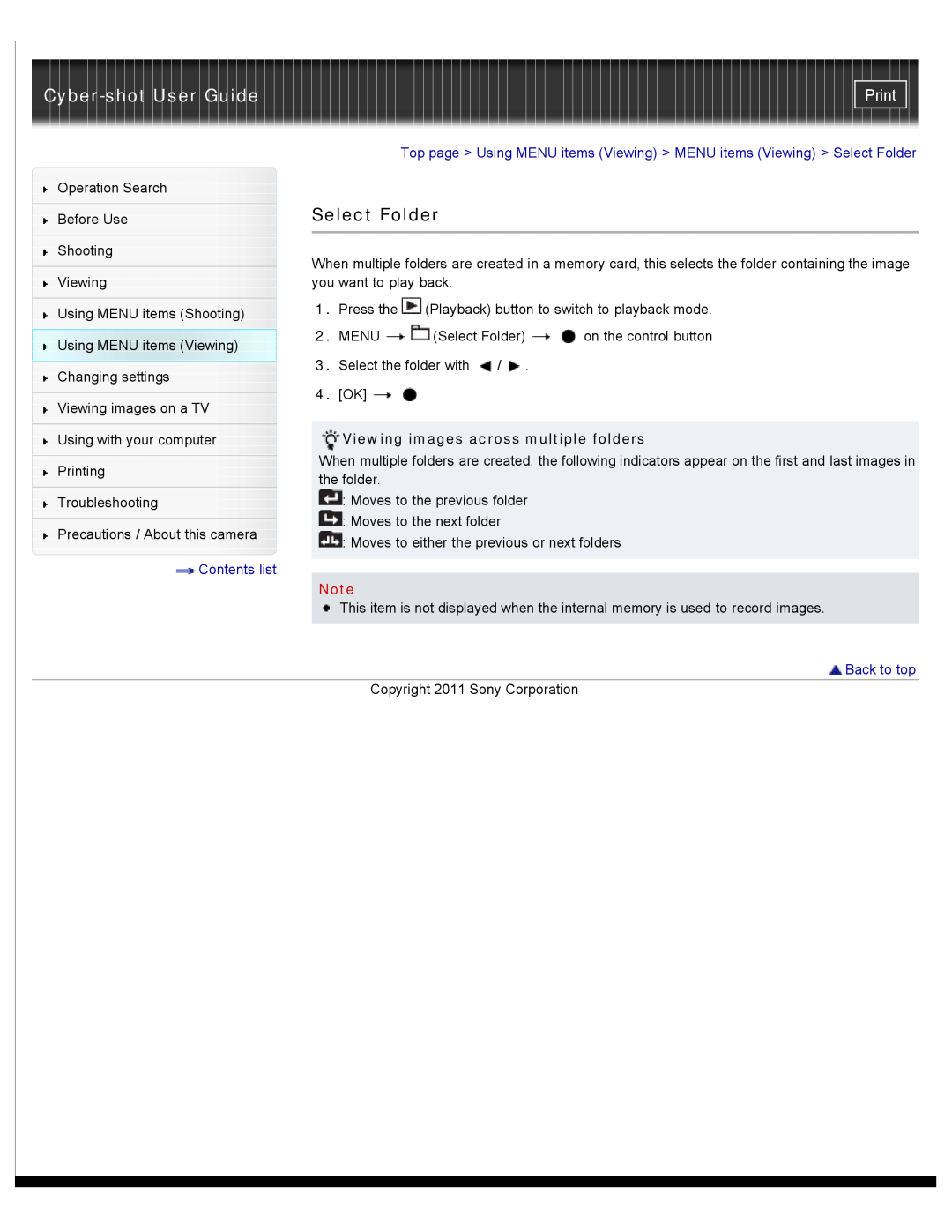 Sony DSC-W510 manual Select Folder, Cyber-shot User Guide, Print, Viewing images across multiple folders, Contents list 