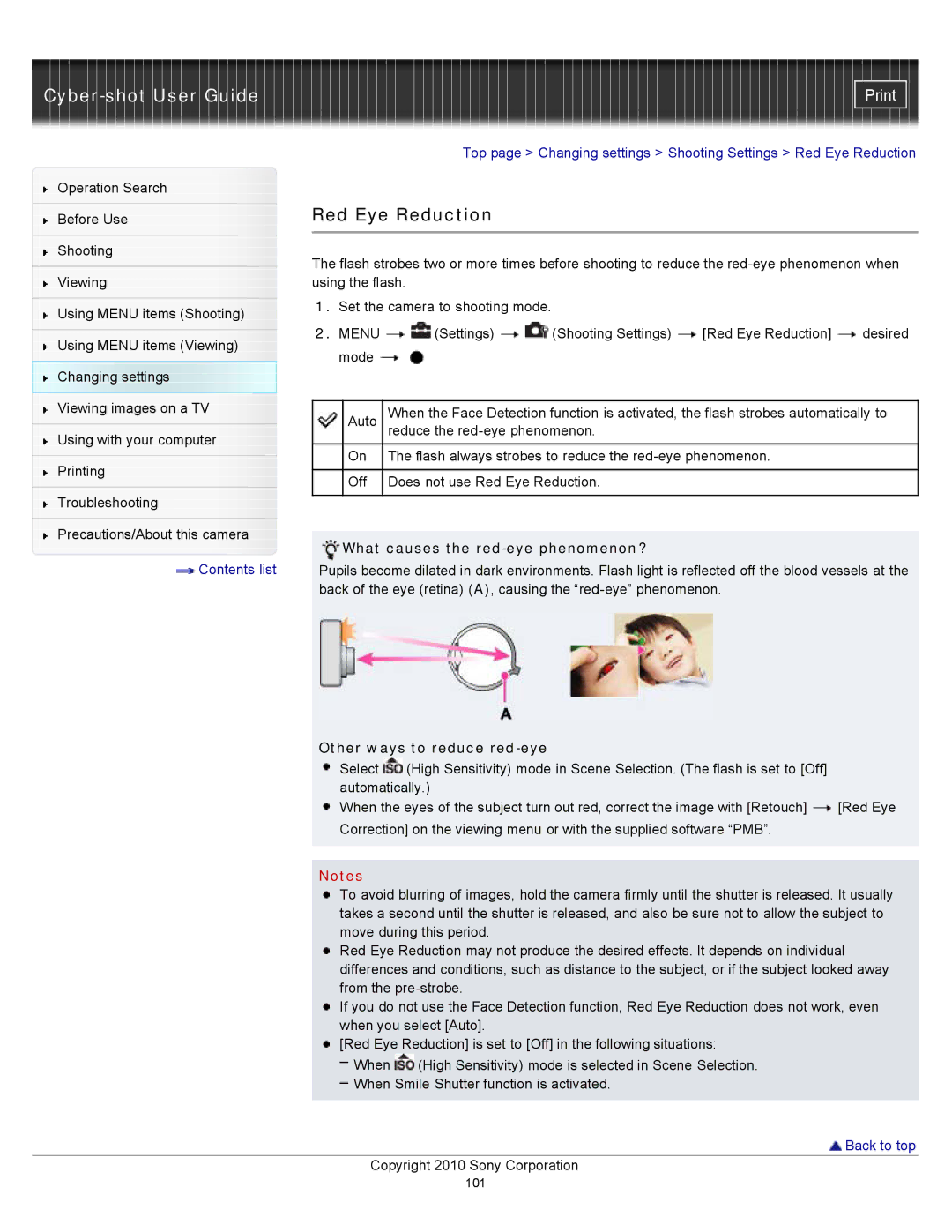 Sony DSC-W530, W550, DSCW530 manual Red Eye Reduction, What causes the red-eye phenomenon?, Other ways to reduce red-eye 