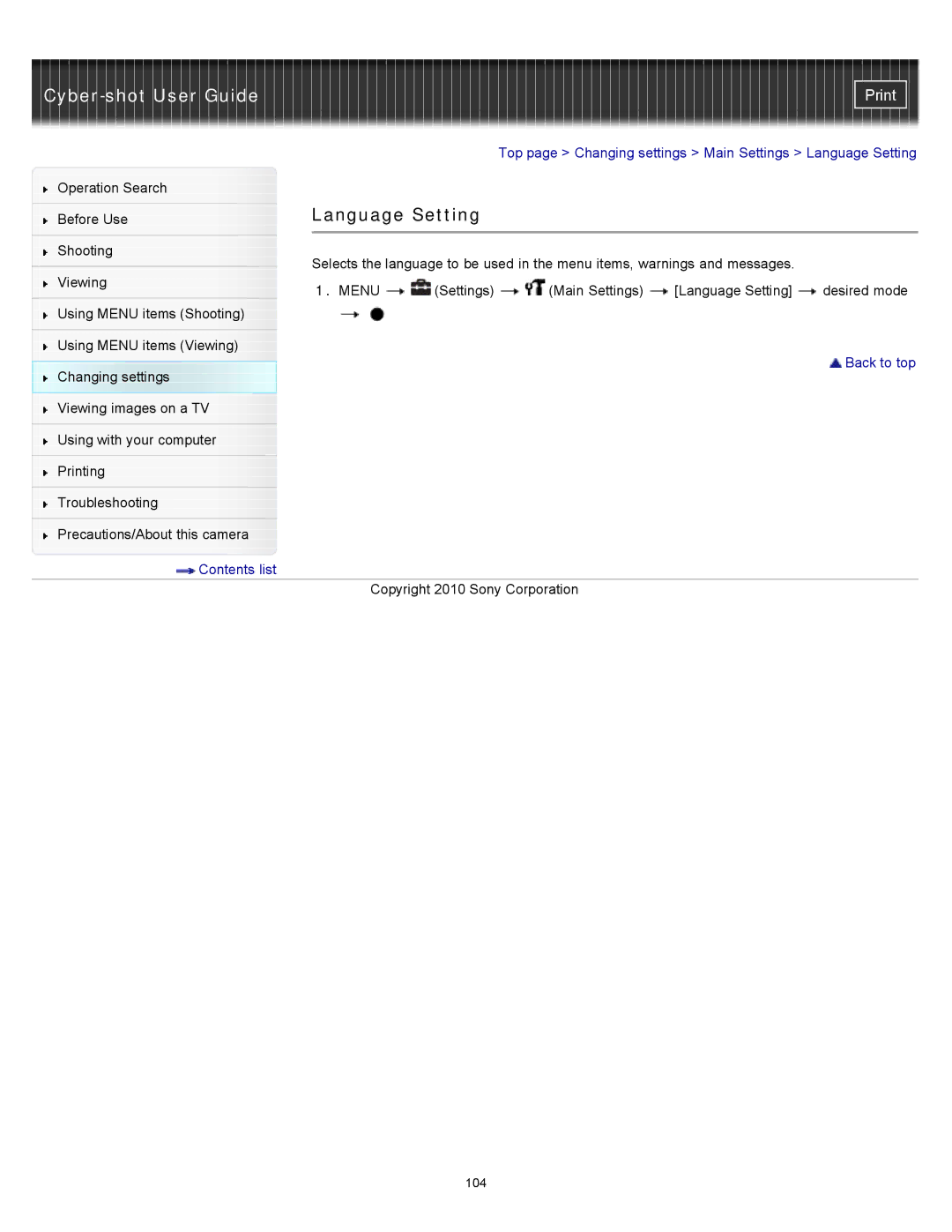 Sony DSC-W530, W550, DSCW530 manual Language Setting 