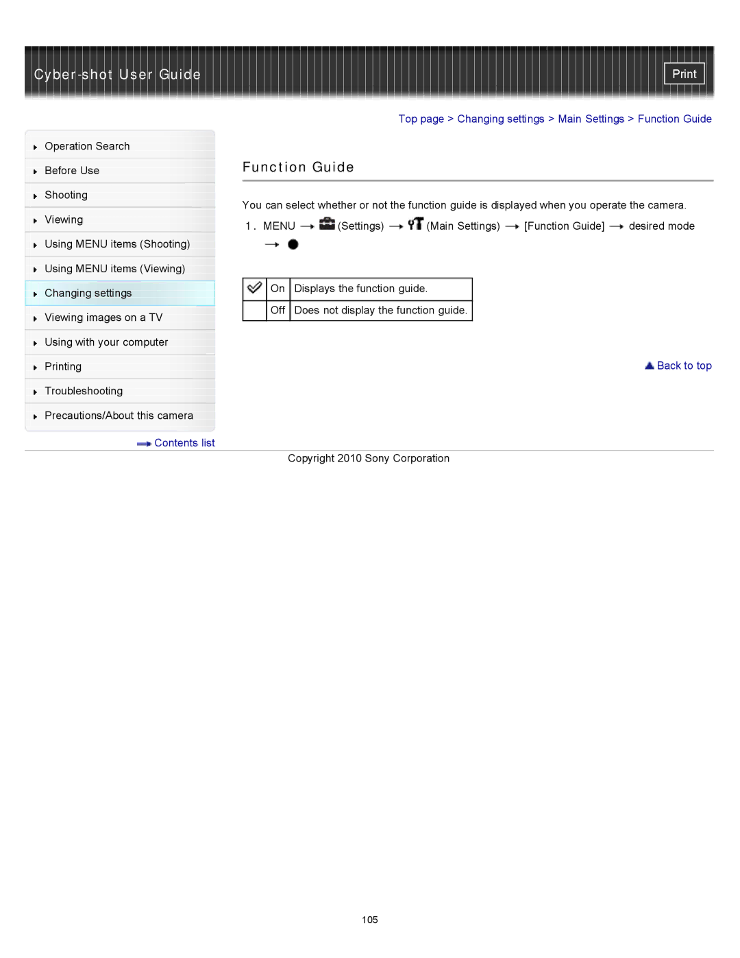 Sony DSC-W530, W550, DSCW530 manual Function Guide 