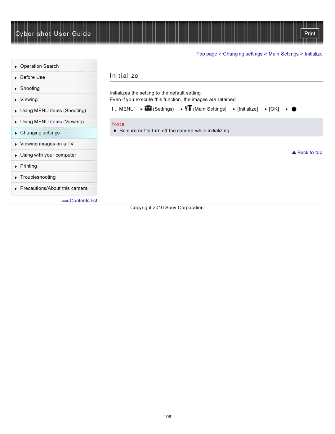 Sony DSC-W530, W550, DSCW530 manual Initialize 