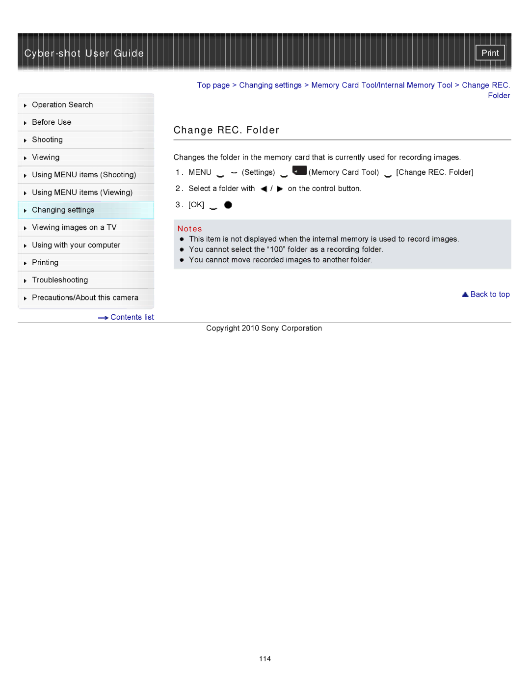 Sony W550, DSC-W530, DSCW530 manual Change REC. Folder 