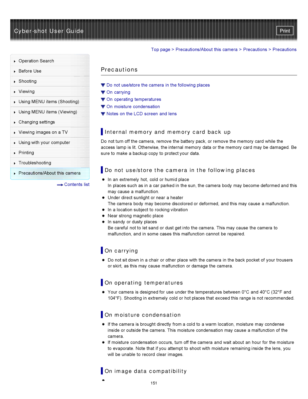 Sony DSCW530, DSC-W530, W550 manual Precautions 