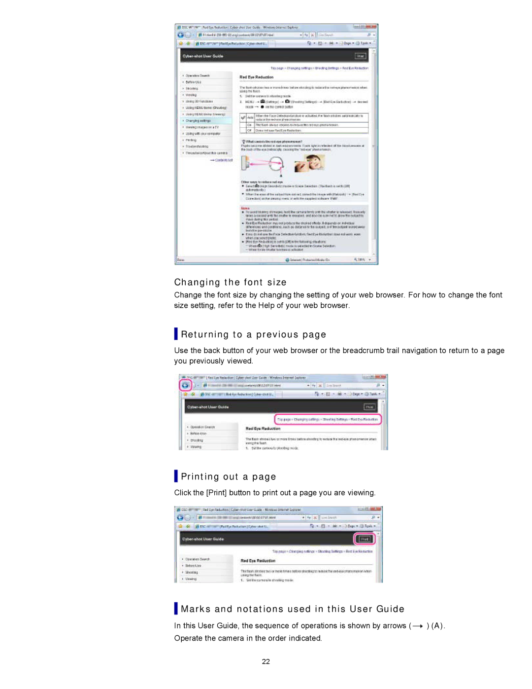 Sony W550 Changing the font size, Returning to a previous, Printing out a, Marks and notations used in this User Guide 