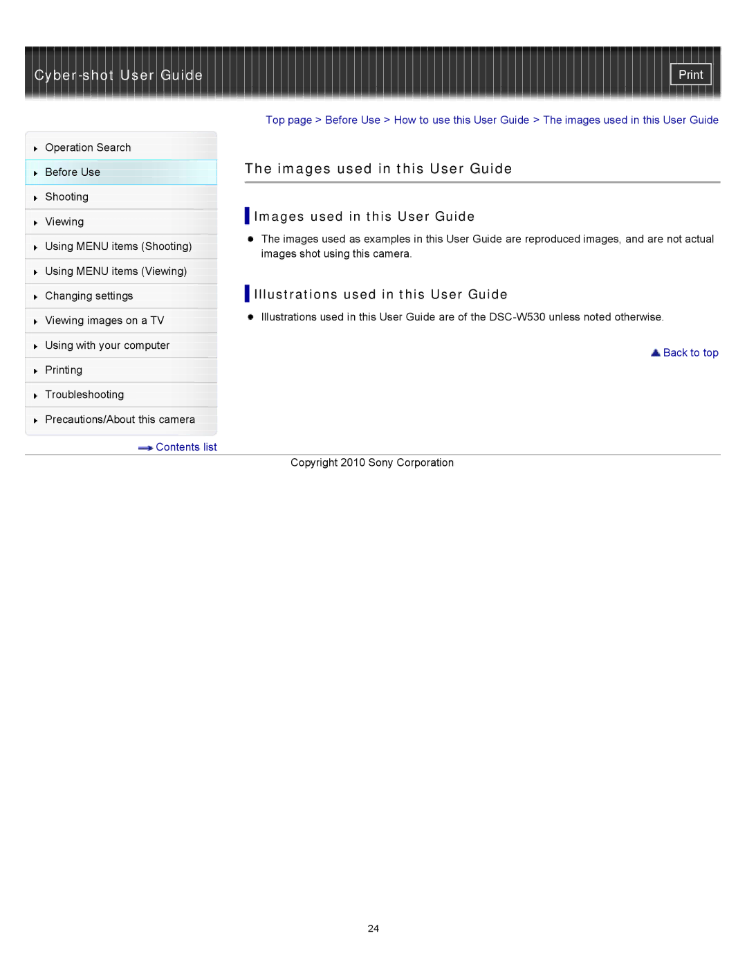 Sony DSC-W530, W550, DSCW530 manual Images used in this User Guide, Illustrations used in this User Guide 