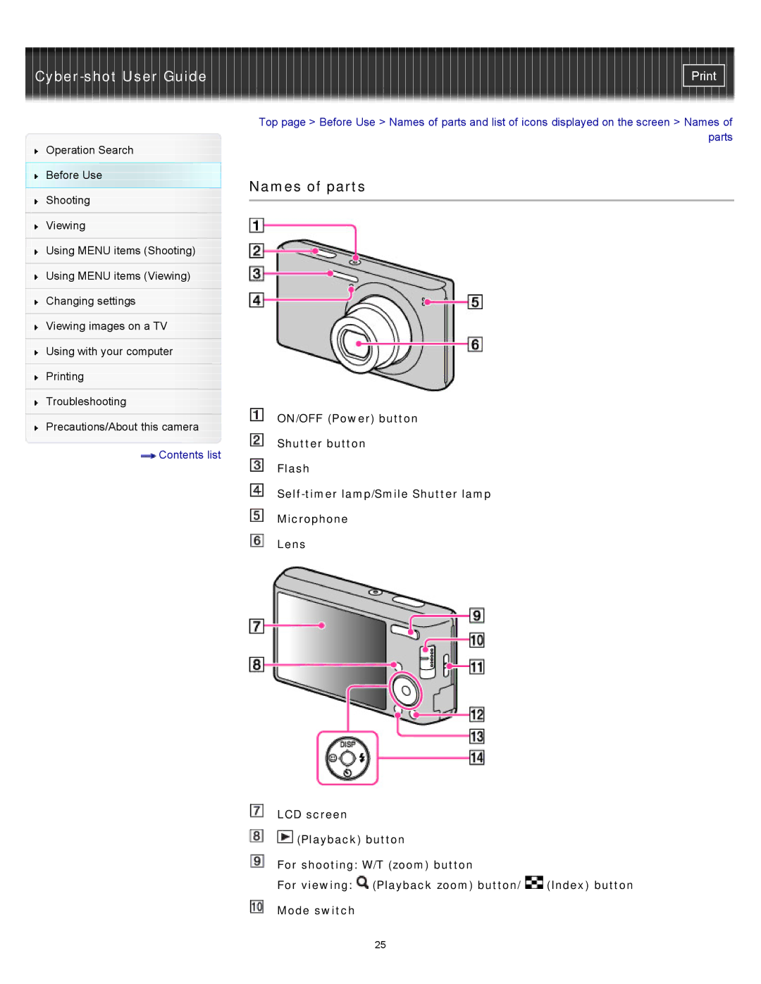 Sony DSC-W530, W550, DSCW530 manual Names of parts 