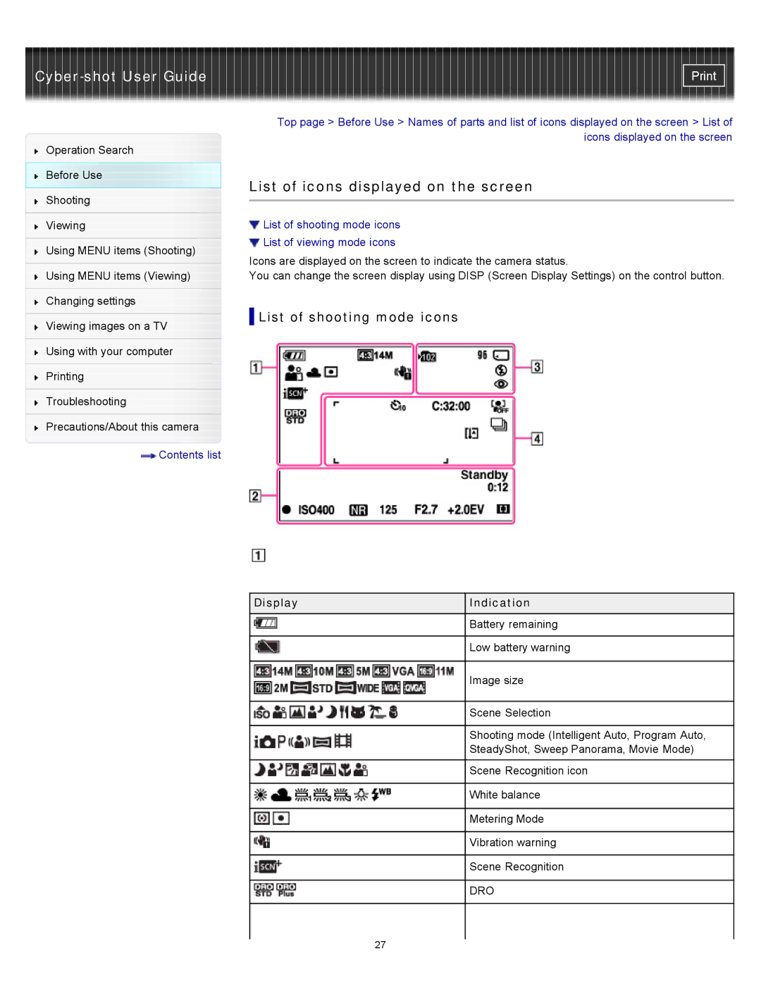 Sony DSCW530, DSC-W530, W550 manual List of icons displayed on the screen, List of shooting mode icons, Display Indication 