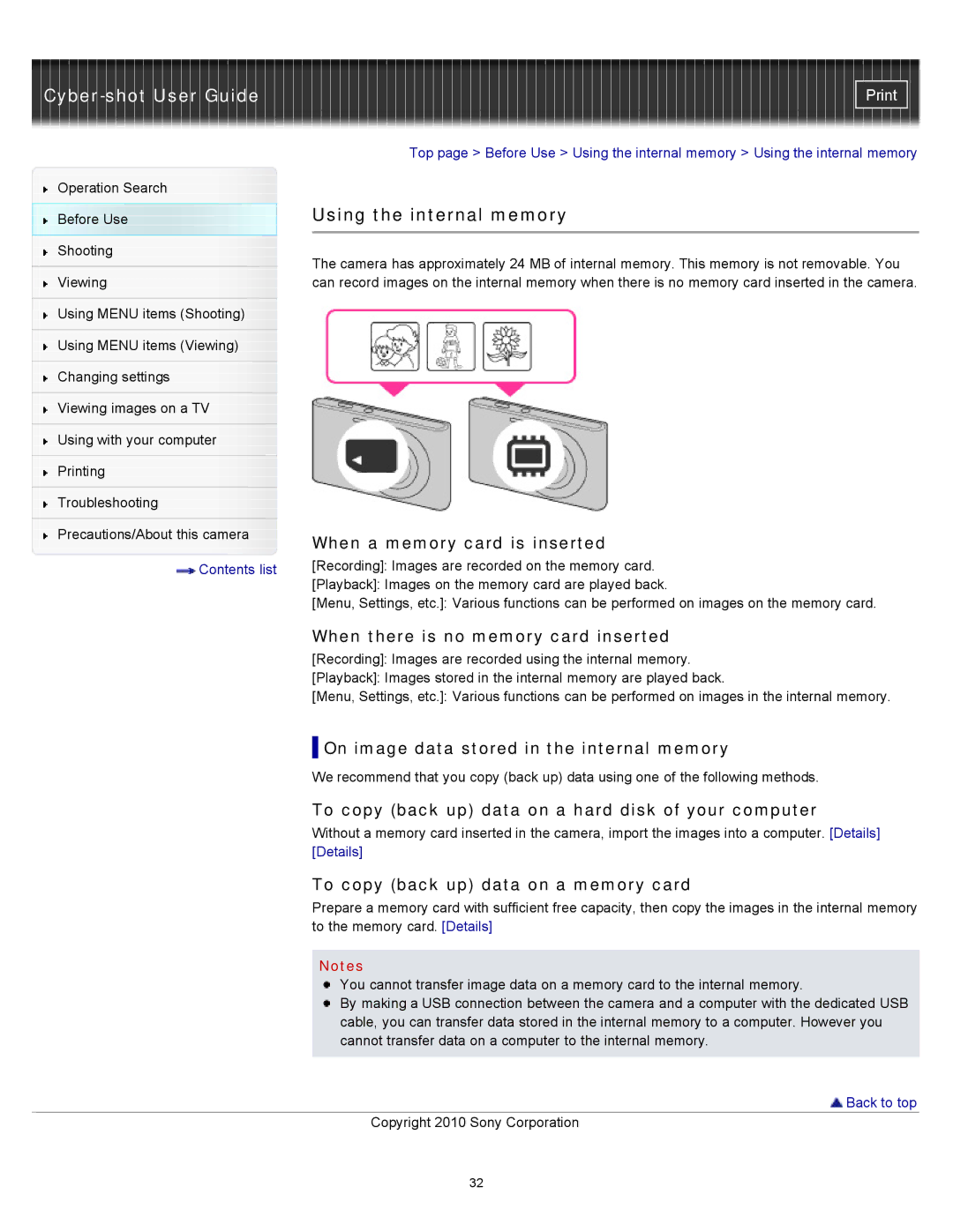 Sony DSC-W530, W550, DSCW530 manual Using the internal memory 