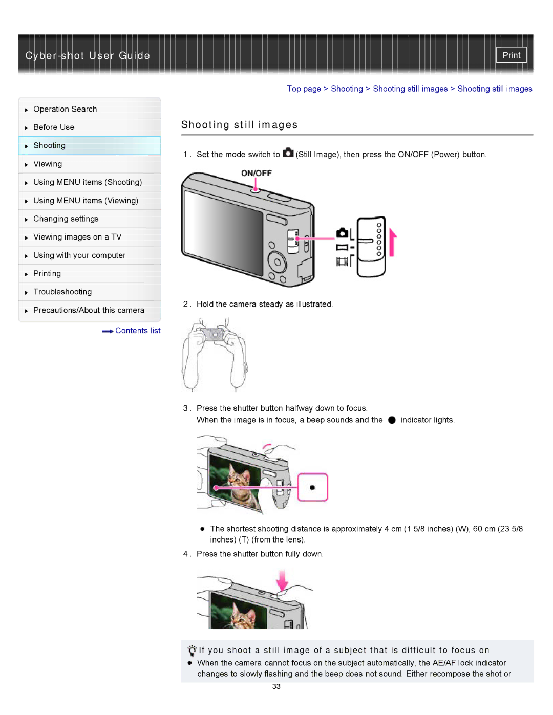 Sony DSC-W530, W550, DSCW530 manual Shooting still images 