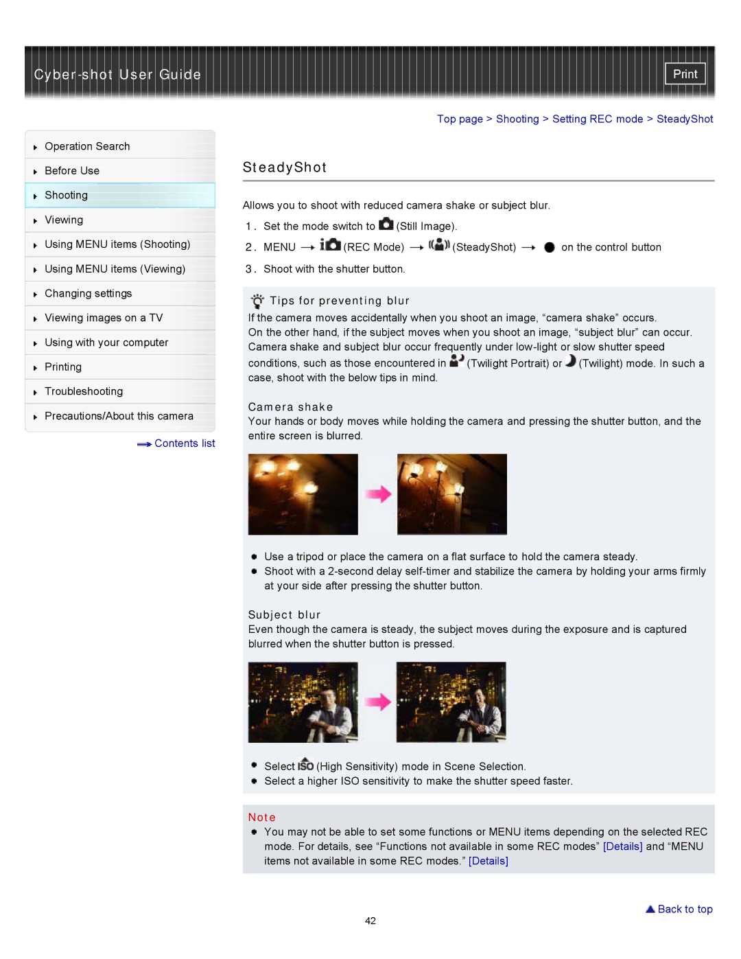 Sony W550, DSC-W530, DSCW530 manual SteadyShot, Tips for preventing blur, Camera shake, Subject blur 