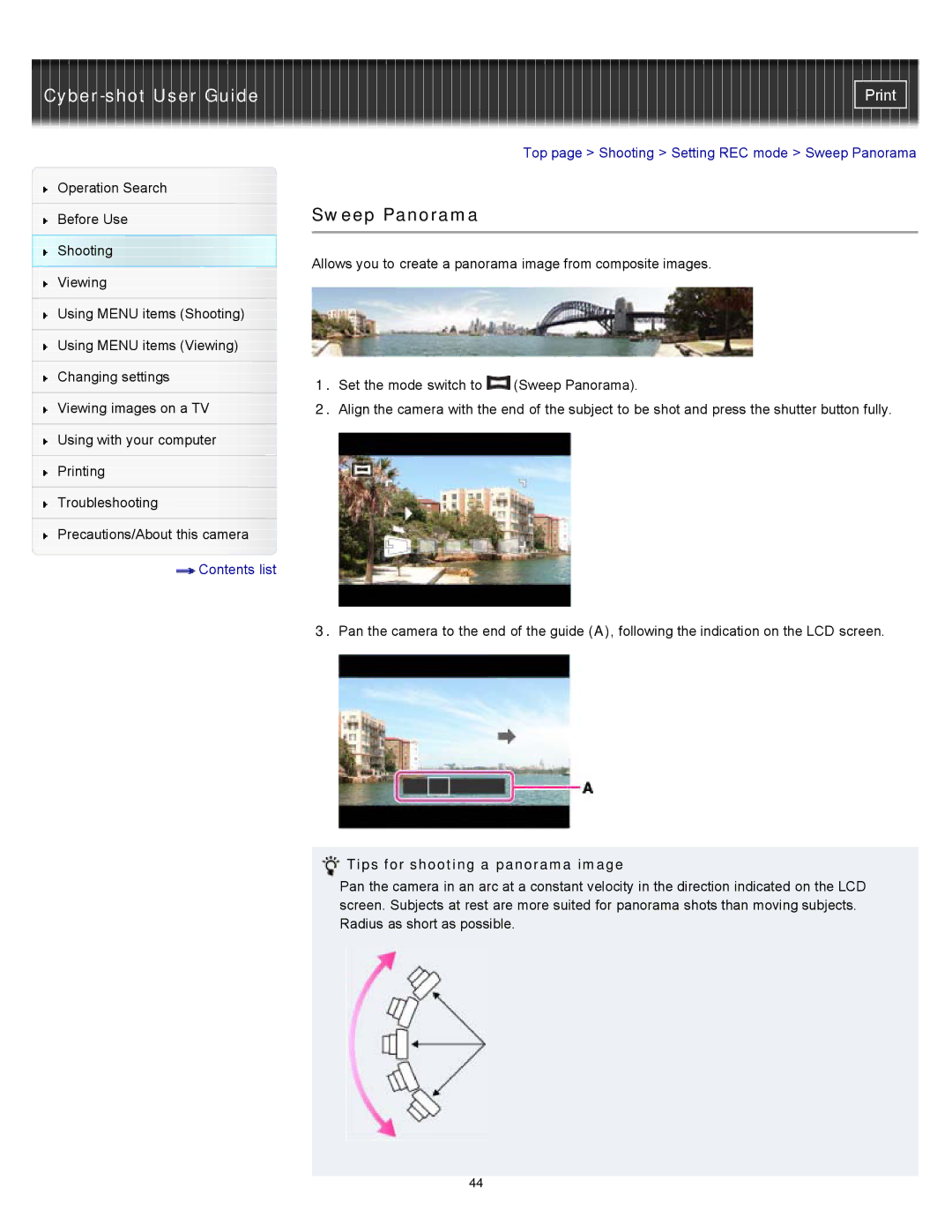 Sony DSC-W530, W550, DSCW530 manual Sweep Panorama, Tips for shooting a panorama image 