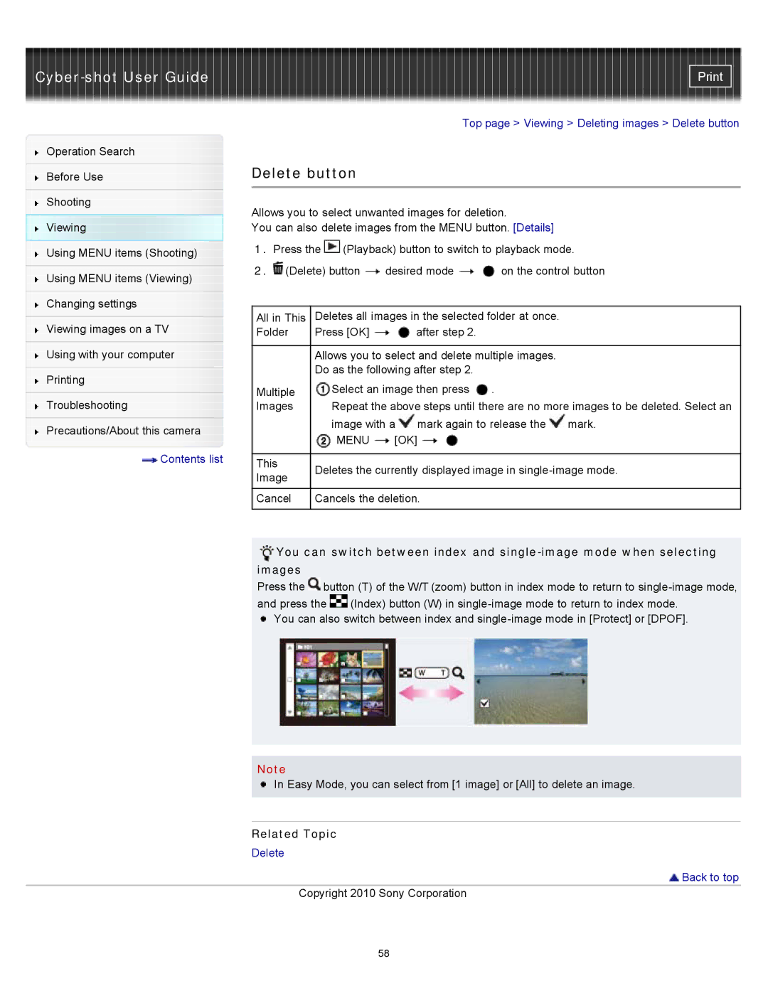 Sony W550, DSC-W530, DSCW530 manual Delete button, Menu 