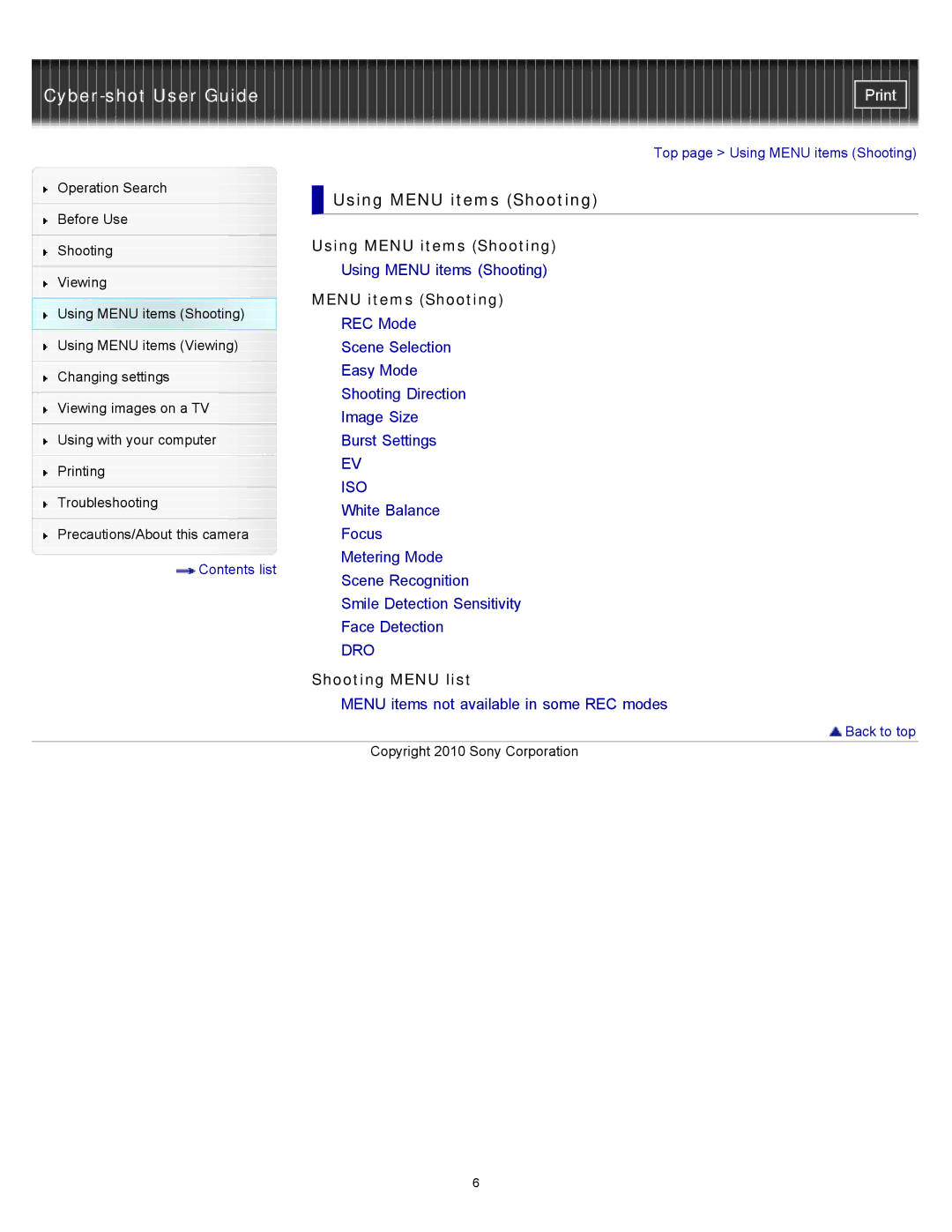 Sony W550, DSC-W530, DSCW530 manual Using Menu items Shooting, Shooting Menu list 