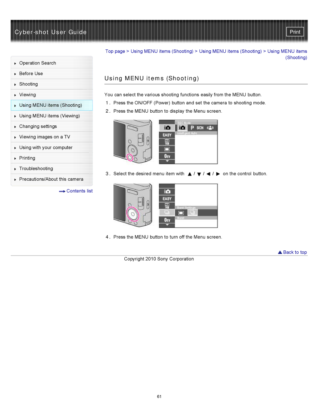 Sony DSC-W530, W550, DSCW530 manual Using Menu items Shooting 