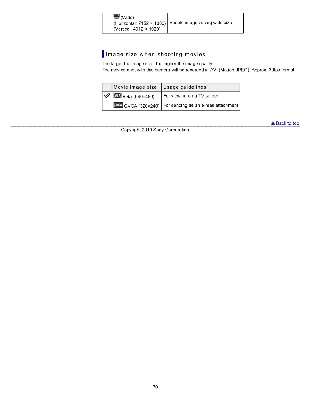 Sony W550, DSC-W530, DSCW530 manual Image size when shooting movies, Movie image size Usage guidelines 