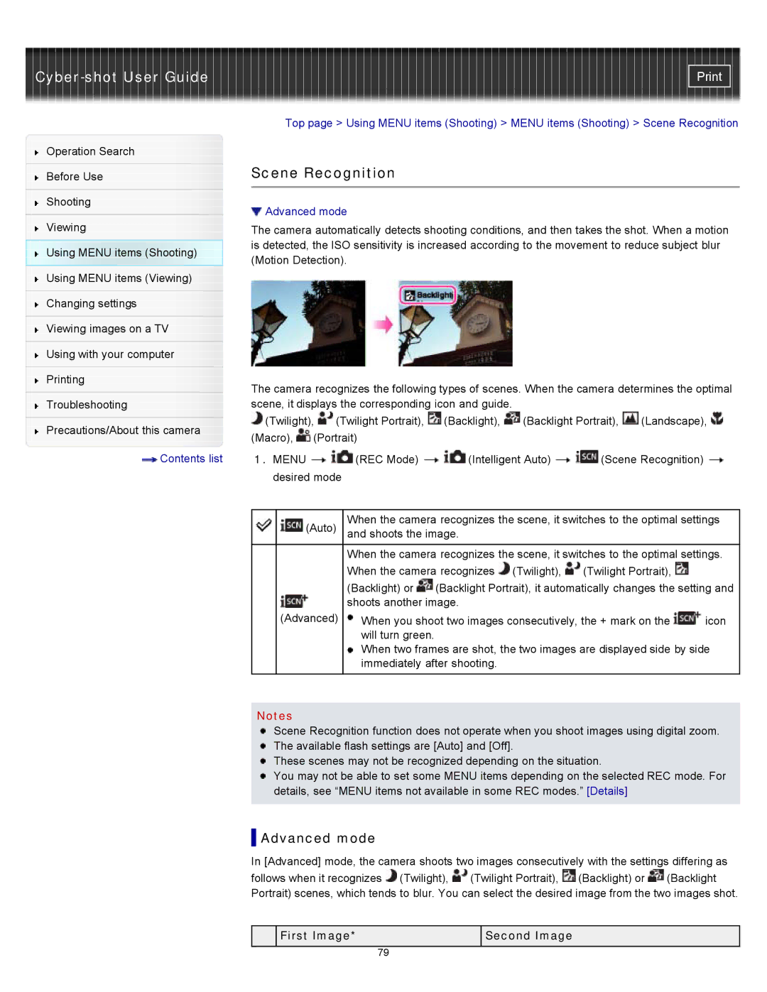 Sony DSCW530, DSC-W530, W550 manual Scene Recognition, Advanced mode, First Image Second Image 