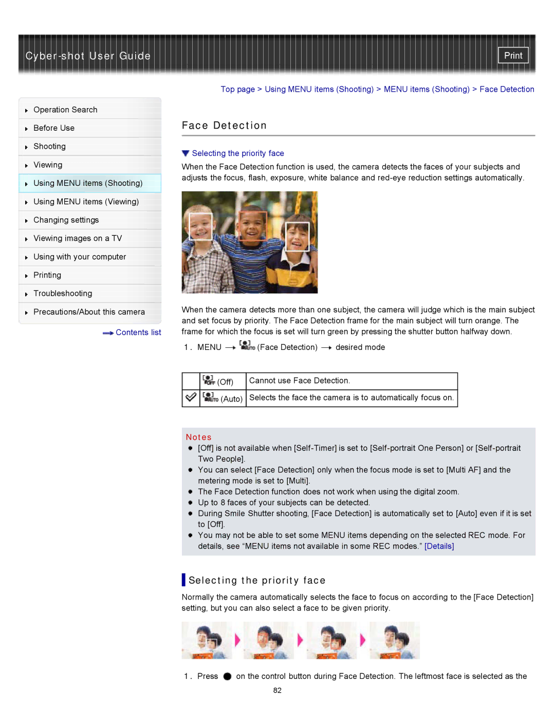 Sony W550, DSC-W530, DSCW530 manual Face Detection, Selecting the priority face 