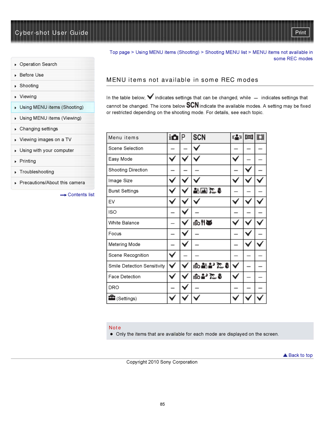 Sony DSC-W530, W550, DSCW530 manual Menu items not available in some REC modes 