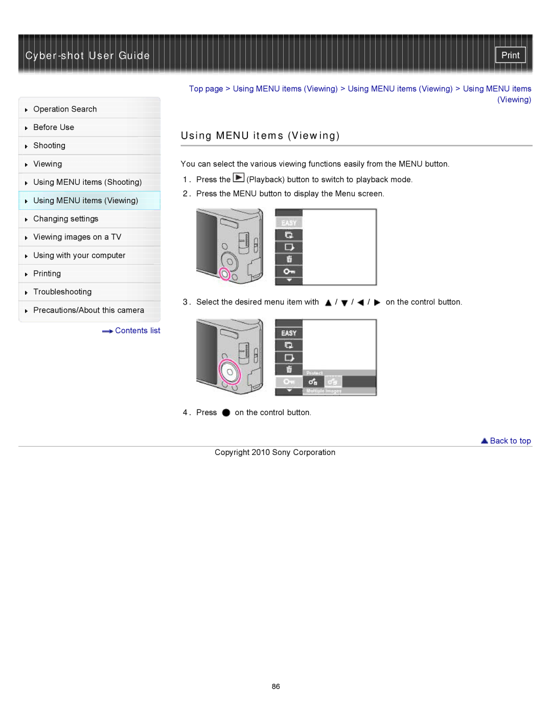 Sony W550, DSC-W530, DSCW530 manual Using Menu items Viewing 