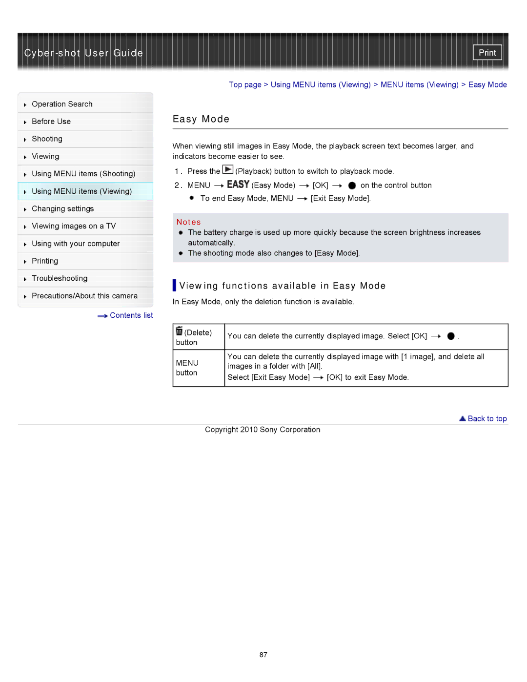 Sony DSCW530, DSC-W530, W550 manual Viewing functions available in Easy Mode 