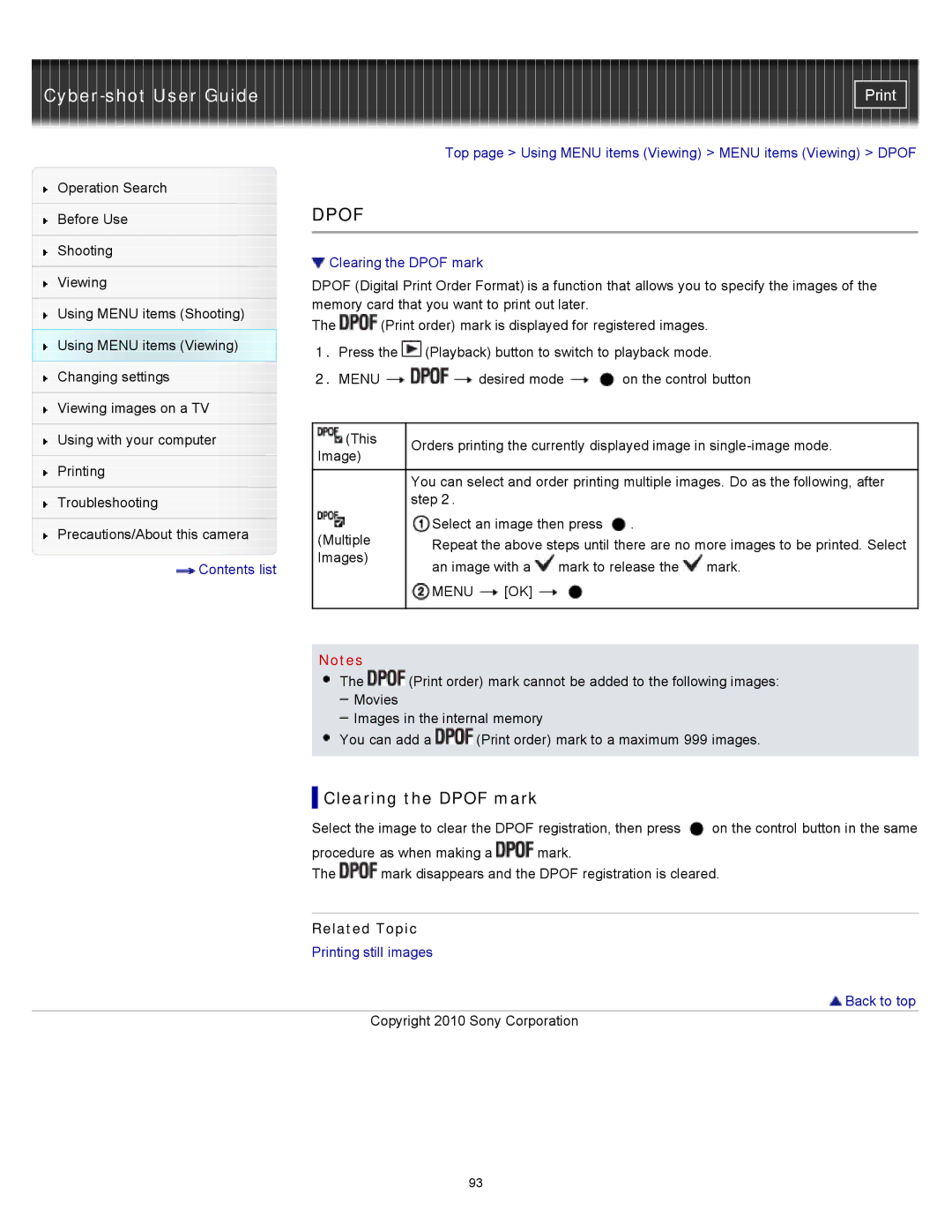 Sony DSC-W530, W550, DSCW530 manual Clearing the Dpof mark 