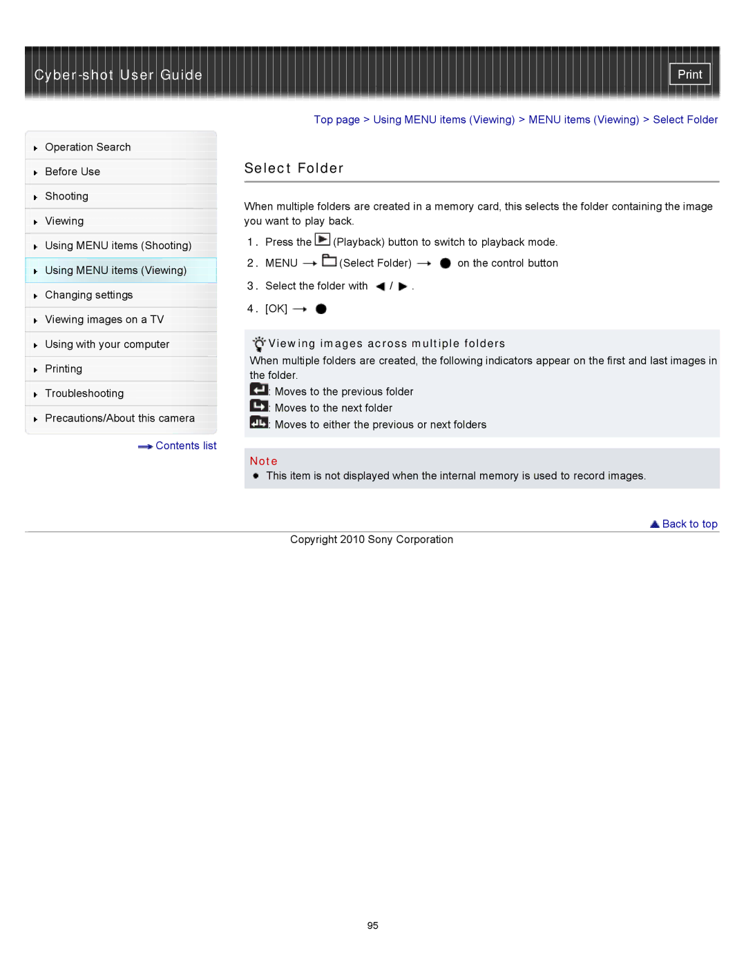 Sony DSCW530, DSC-W530, W550 manual Select Folder, Viewing images across multiple folders 