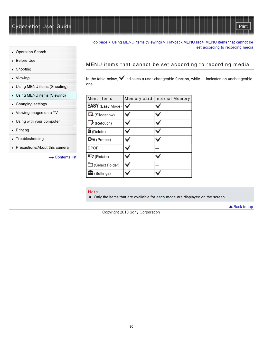 Sony DSC-W530, W550 Menu items that cannot be set according to recording media, Menu items Memory card Internal Memory 