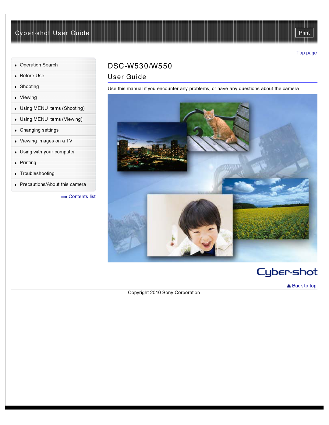 Sony DSCW530 manual Cyber-shot User Guide, Print, DSC-W530/W550, Contents list, Top page, Back to top 