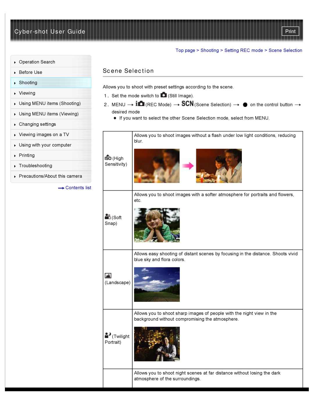 Sony DSC-W530, W550, DSCW530 manual Scene Selection, Cyber-shot User Guide, Print, Contents list 