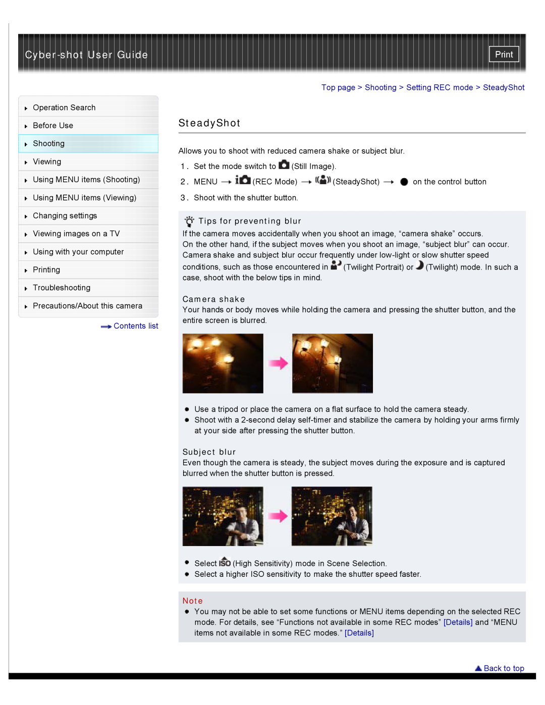 Sony W550 Cyber-shot User Guide, Print, Contents list, Top page Shooting Setting REC mode SteadyShot, Camera shake 