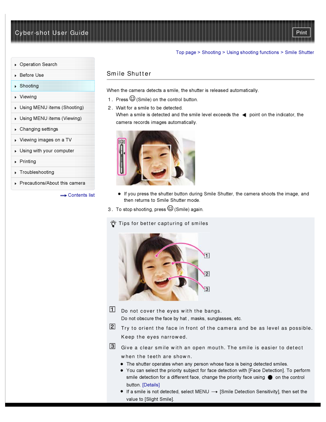 Sony DSCW530, DSC-W530 Smile Shutter, Cyber-shot User Guide, Print, Contents list, Tips for better capturing of smiles 