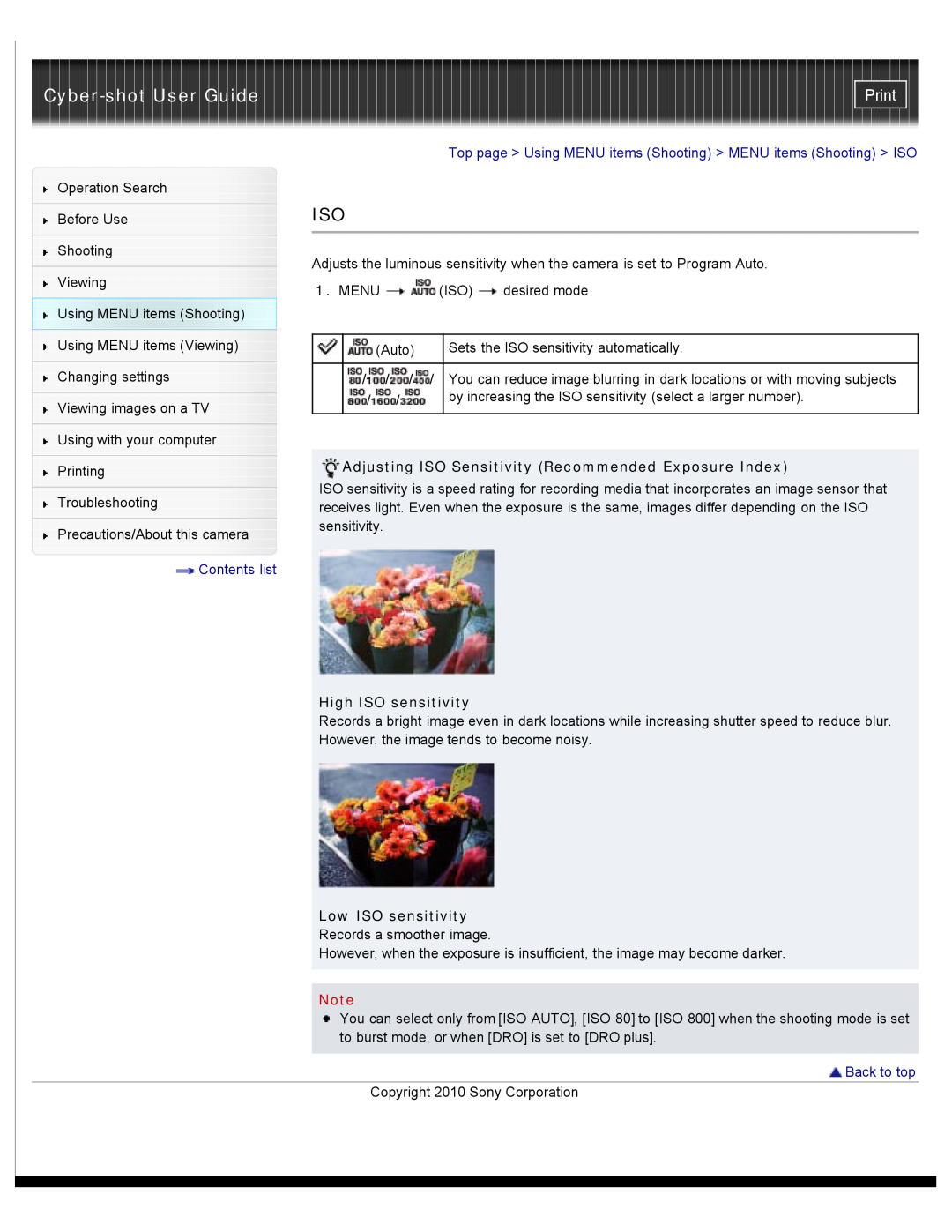 Sony W530, W550 Cyber-shot User Guide, Print, Top page Using MENU items Shooting MENU items Shooting ISO, Contents list 