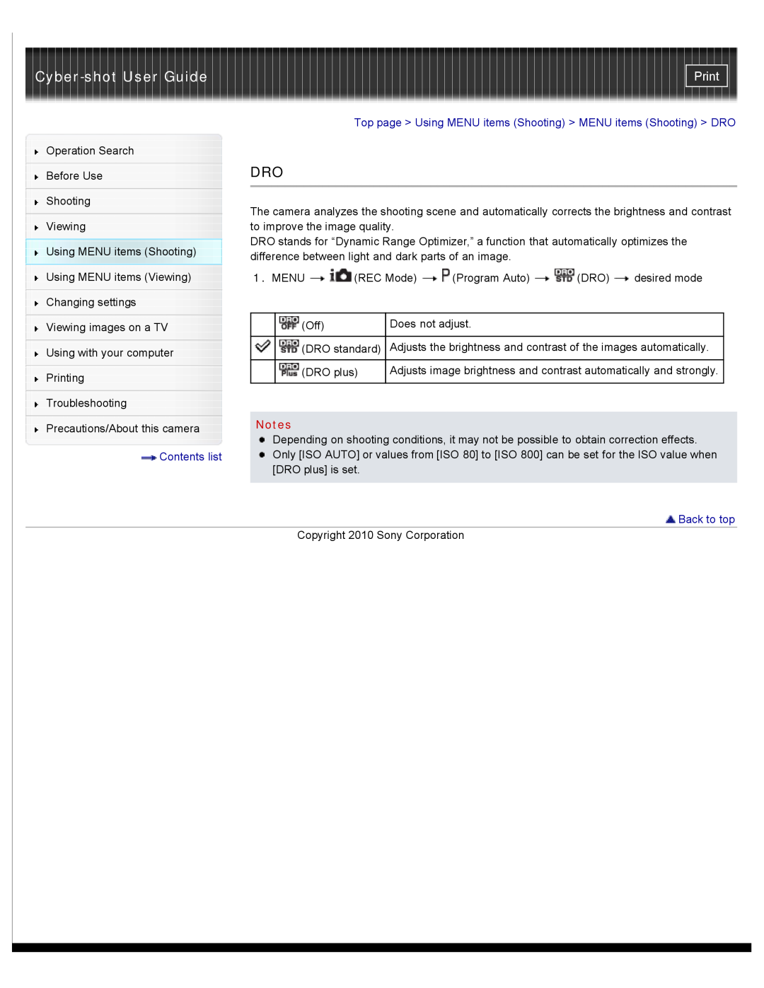 Sony DSC-W530, W550 Cyber-shot User Guide, Print, Top page Using MENU items Shooting MENU items Shooting DRO, Back to top 