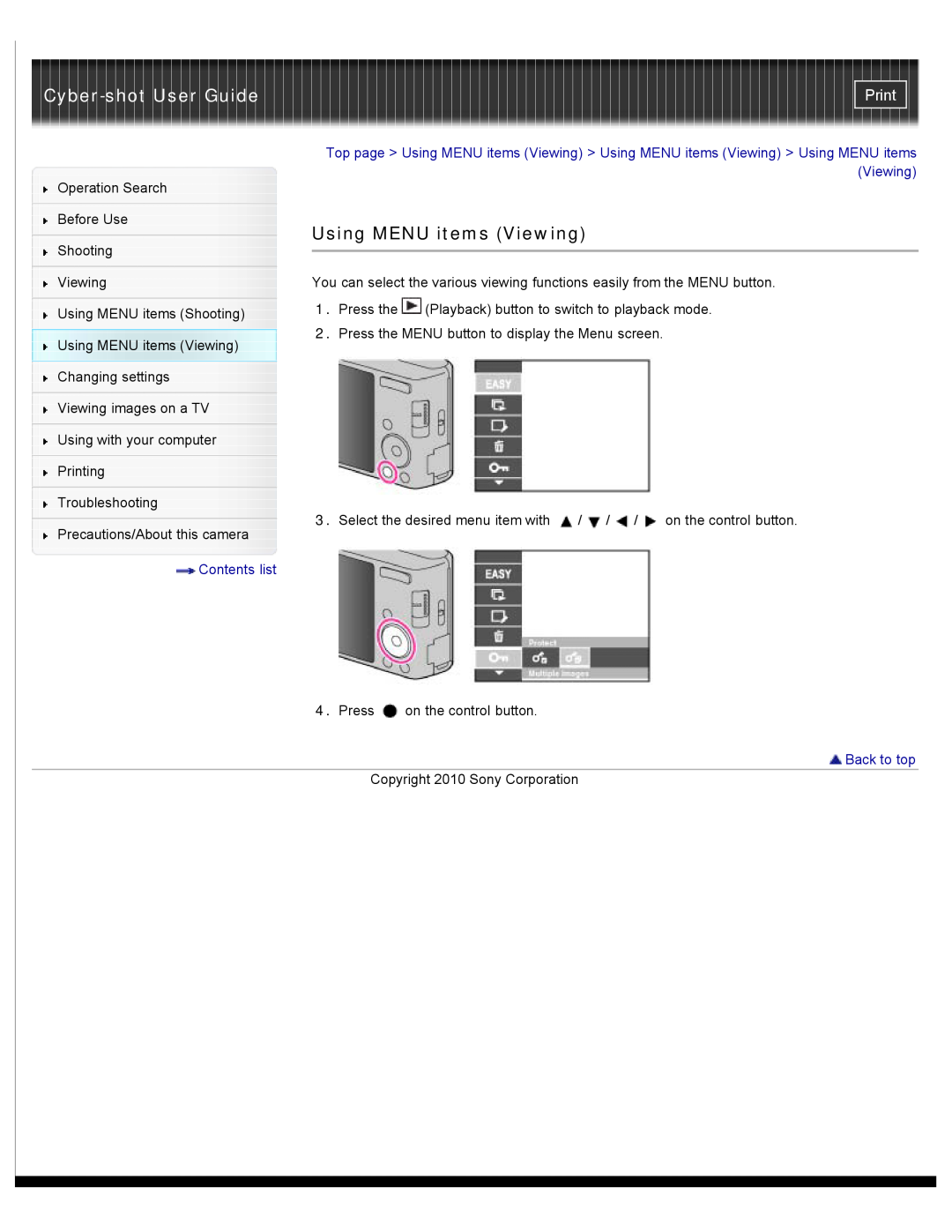 Sony W550, DSC-W530, DSCW530 manual Using MENU items Viewing, Cyber-shot User Guide, Print, Contents list, Back to top 