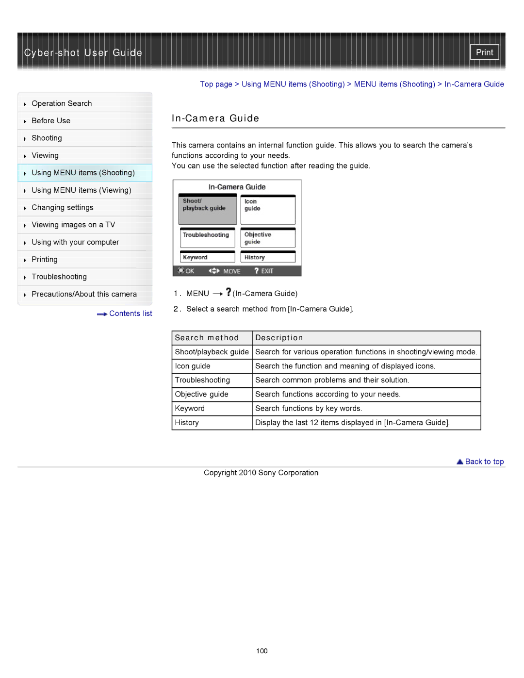 Sony DSC-W580, DSC-W570D manual Select a search method from In-Camera Guide 