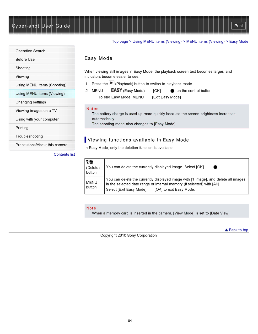 Sony DSC-W570D, DSC-W580 manual Viewing functions available in Easy Mode 