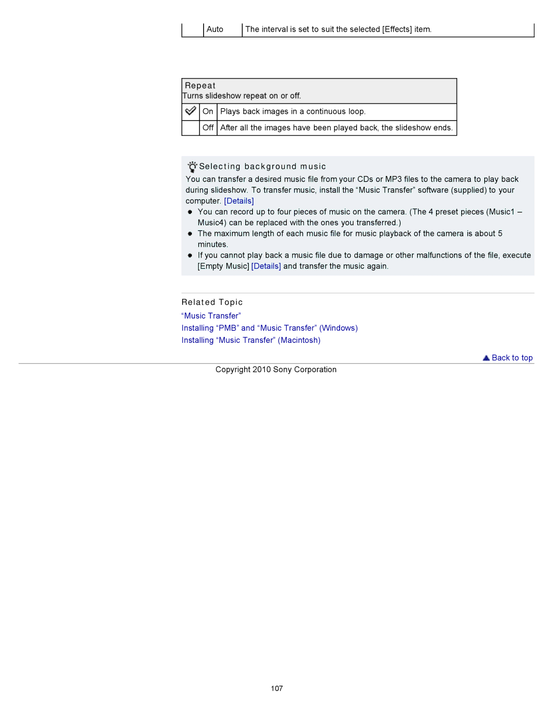 Sony DSC-W570D, DSC-W580 manual Repeat, Selecting background music 