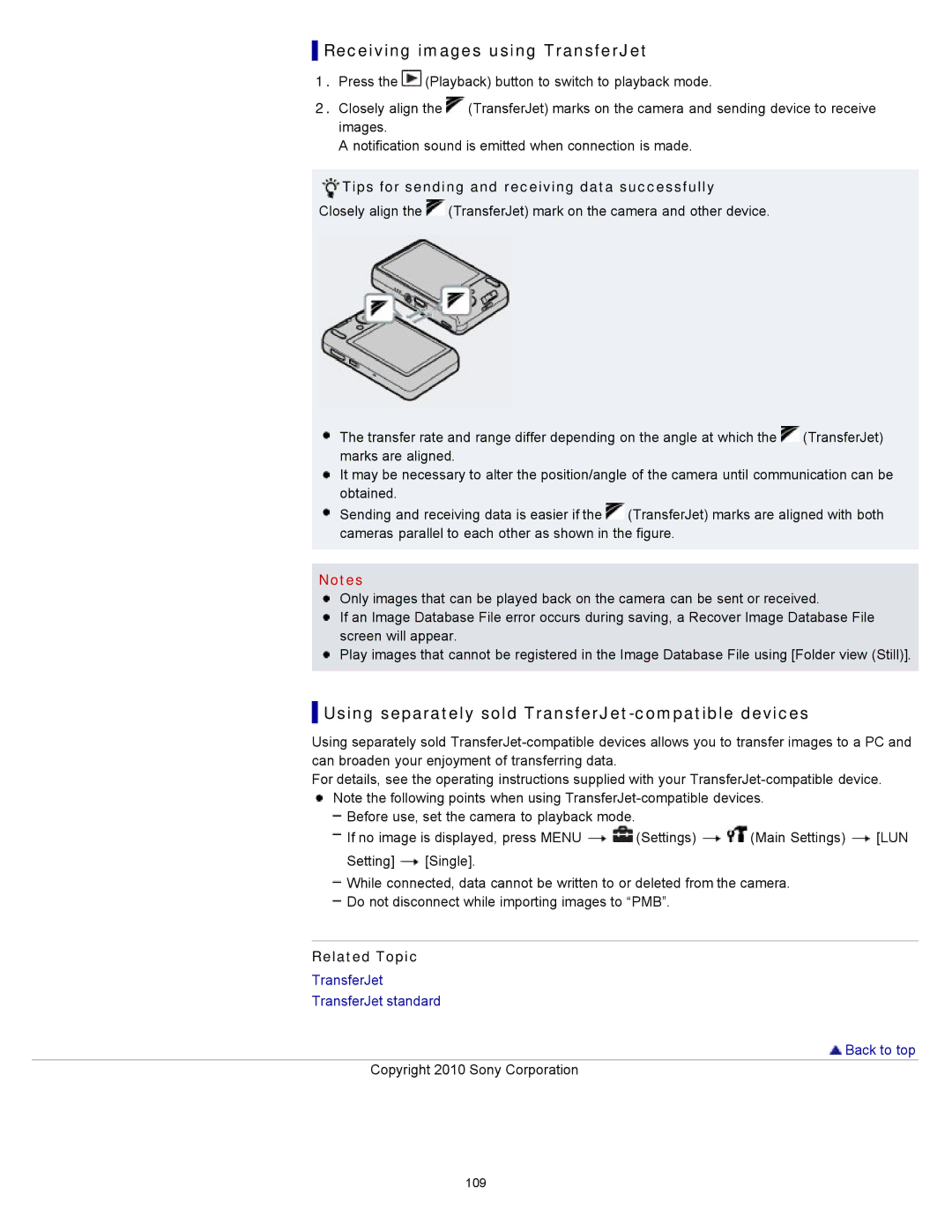 Sony DSC-W580, DSC-W570D manual Receiving images using TransferJet, Using separately sold TransferJet-compatible devices 