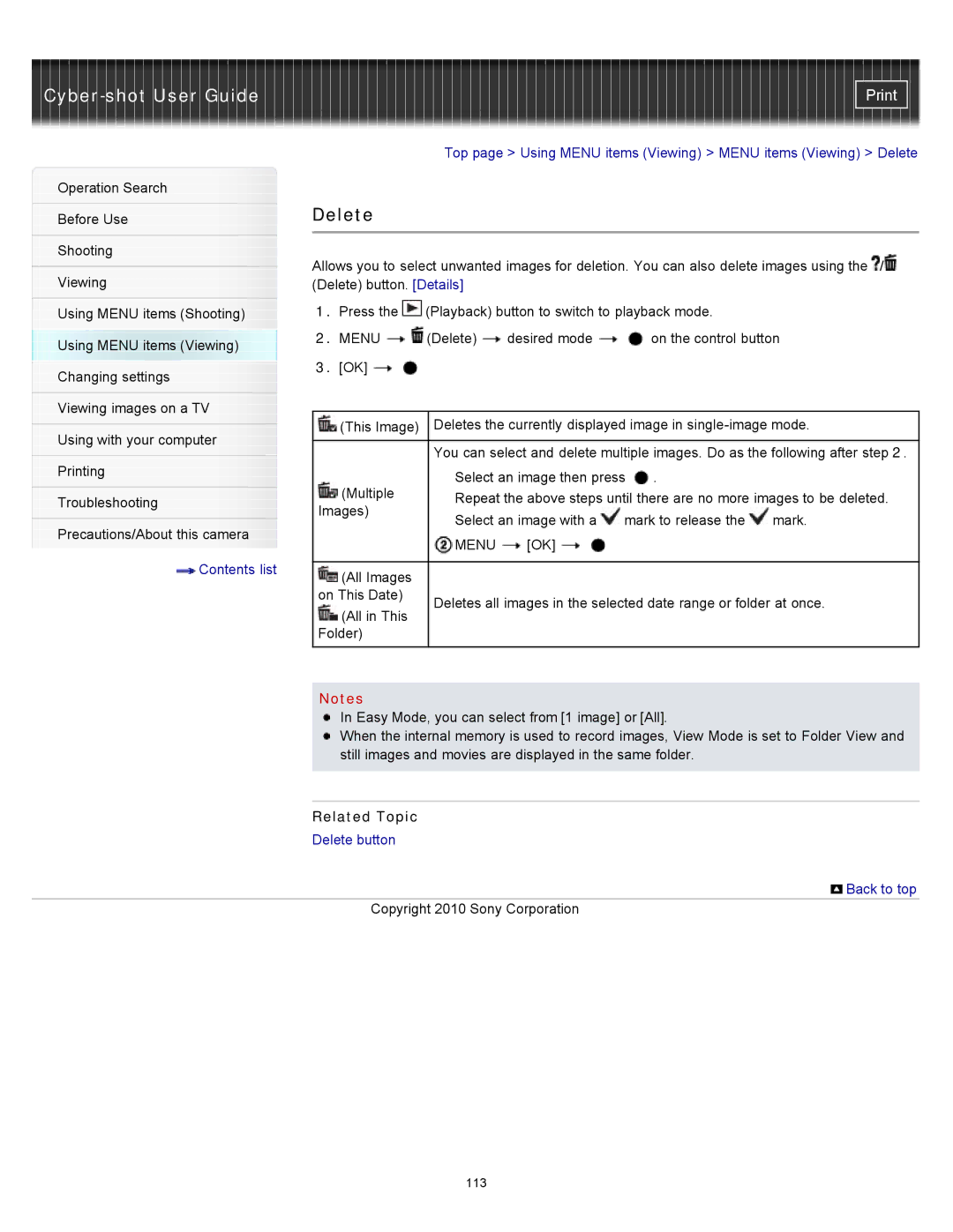 Sony DSC-W570D, DSC-W580 manual Delete, Related Topic 