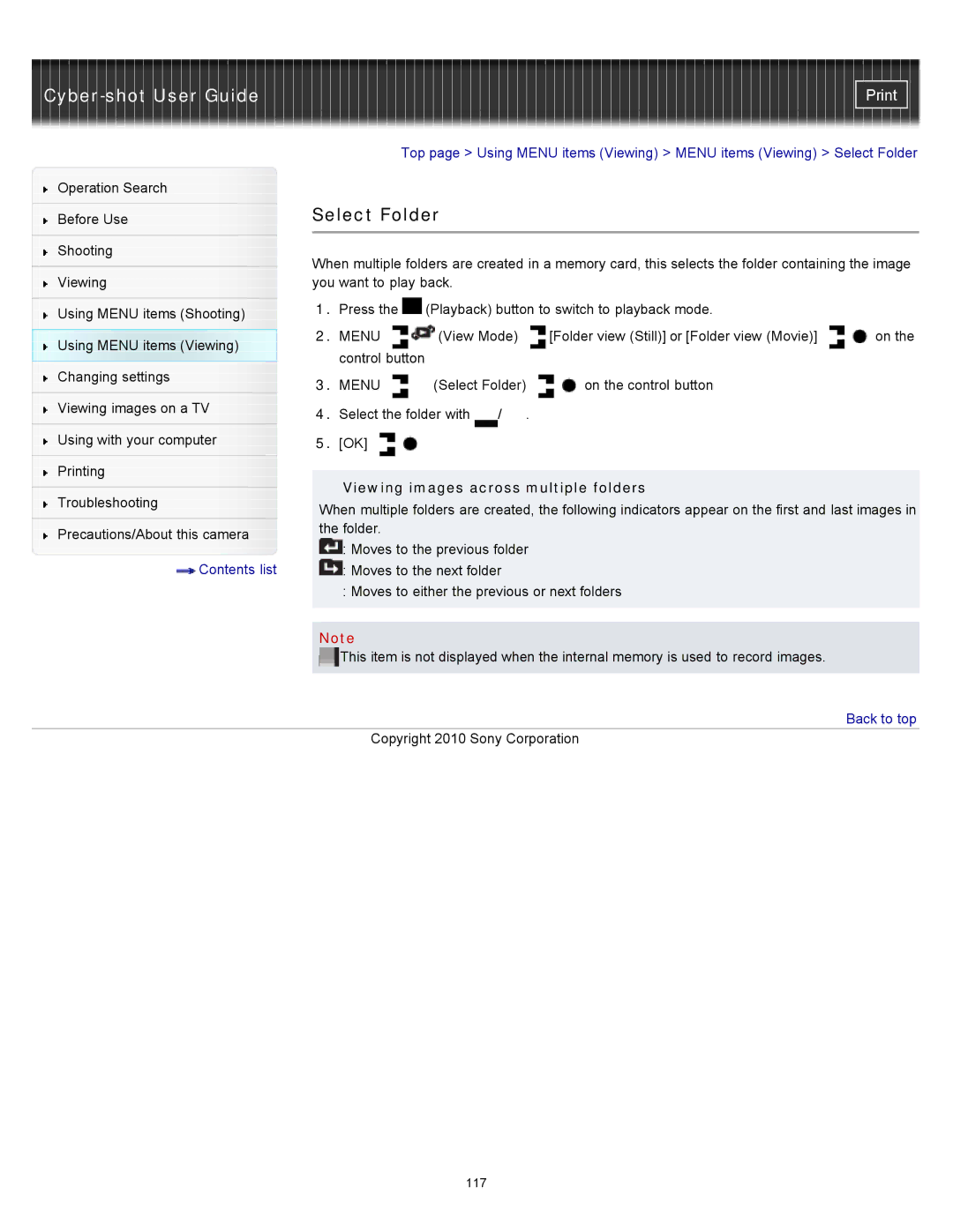 Sony DSC-W580, DSC-W570D manual Select Folder, Viewing images across multiple folders 