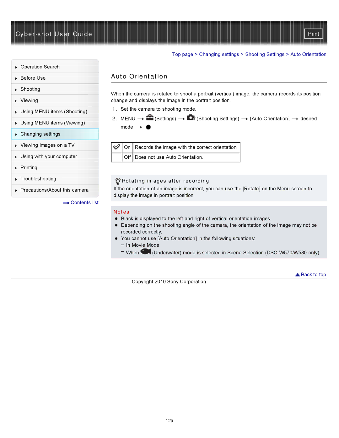 Sony DSC-W570D, DSC-W580 manual Auto Orientation, Rotating images after recording 