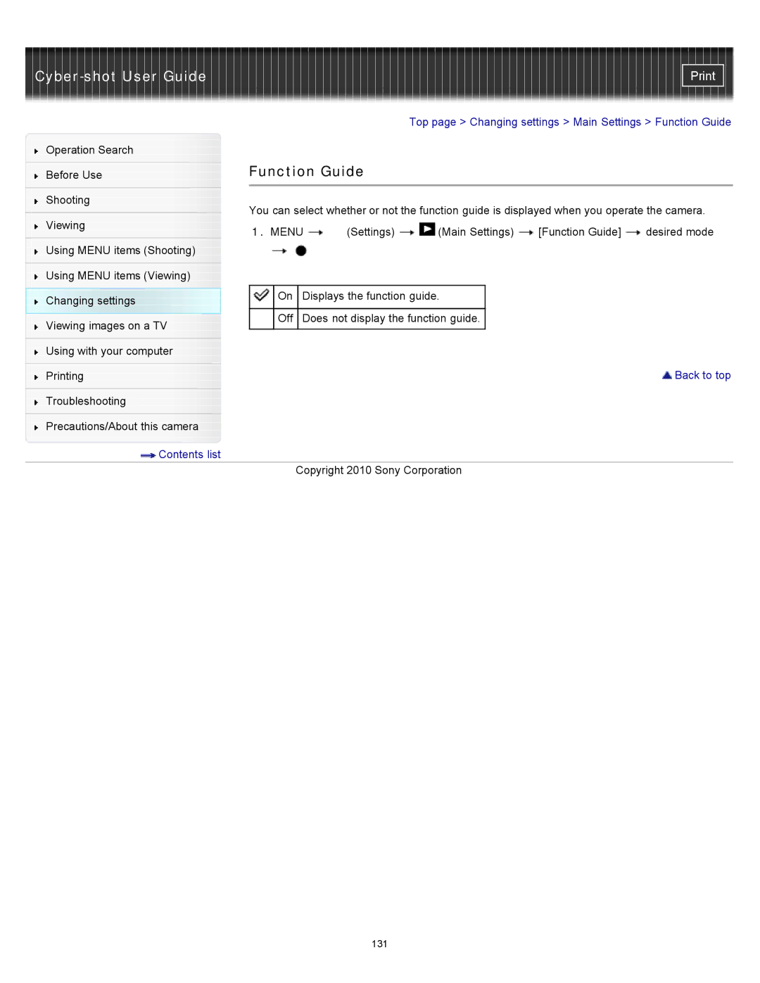 Sony DSC-W570D, DSC-W580 manual Function Guide 