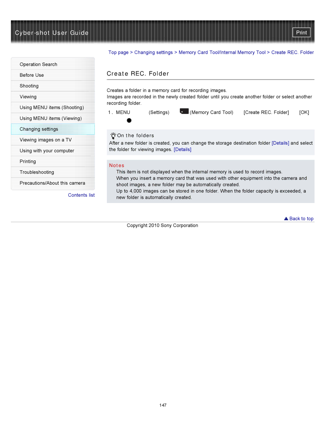 Sony DSC-W580, DSC-W570D manual Create REC. Folder, On the folders 