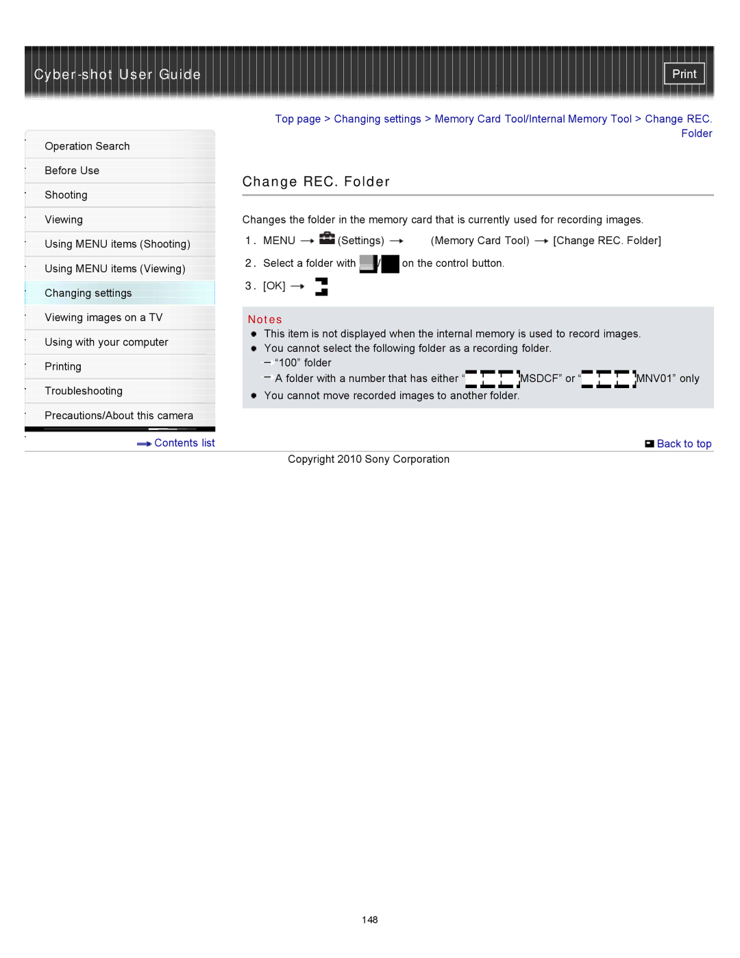 Sony DSC-W580, DSC-W570D manual Change REC. Folder 