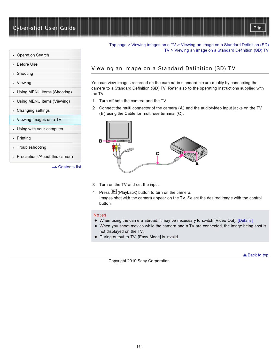 Sony DSC-W580, DSC-W570D manual Viewing an image on a Standard Definition SD TV 